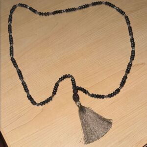 Black and Gray Hand Beaded VINTAGE Necklace with Tassel - Rhinestone Beads - NEW